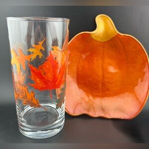 Libbey Crisa Autumn Leaves 16oz & Target Bullseye Playground Pumpkin Glass Bowl
